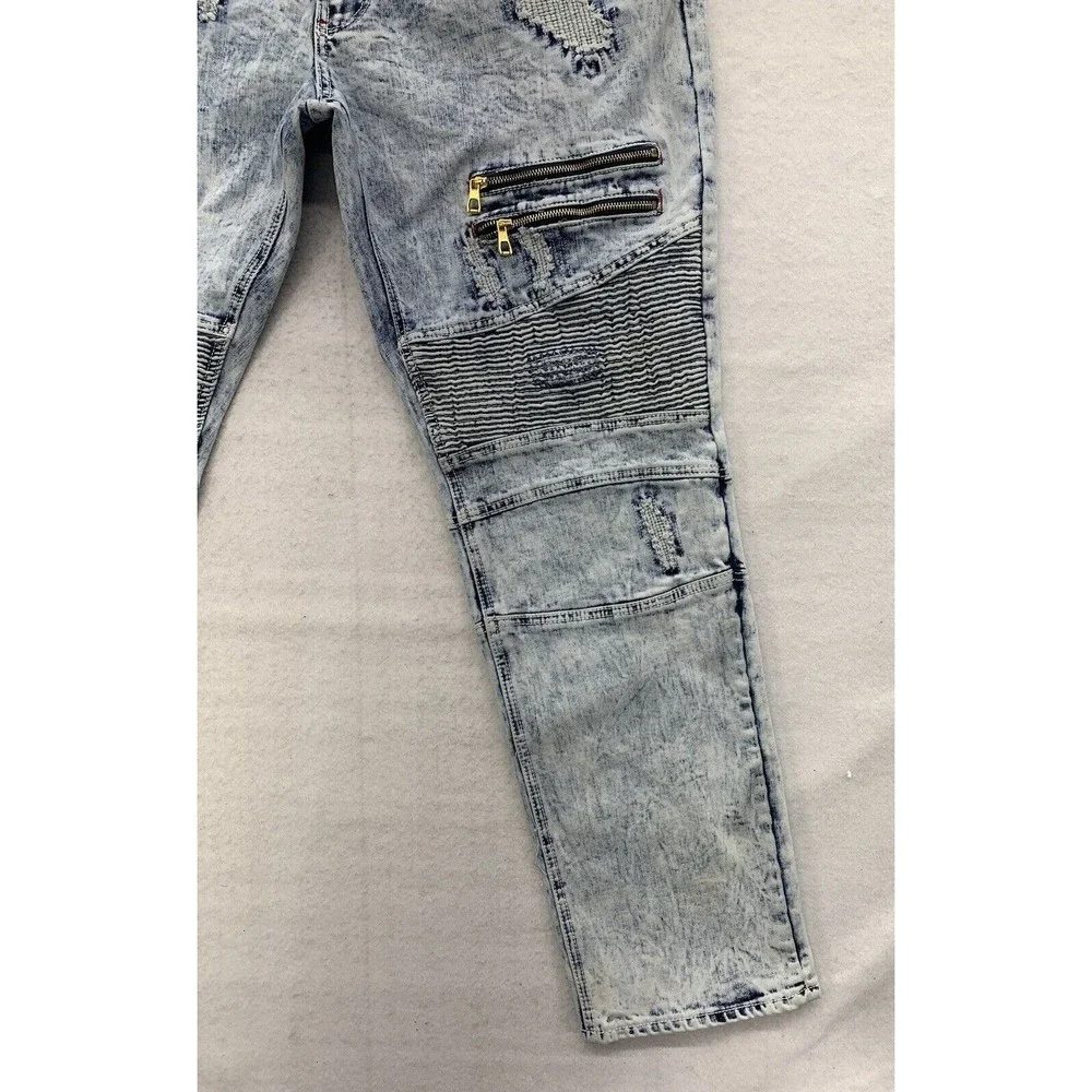 Makobi Denim Jeans Men's 40X32 Stonewash Moto Biker Factory Distressed Destroyed